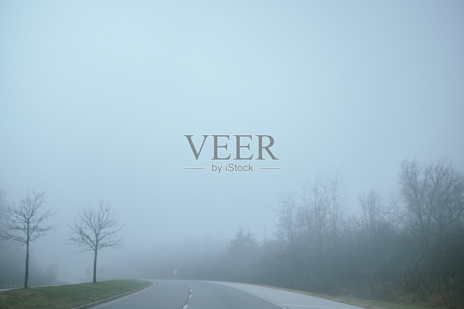 伊利诺伊州的雾霭弥漫的道路，光秃的树木和低能见度照片摄影图片