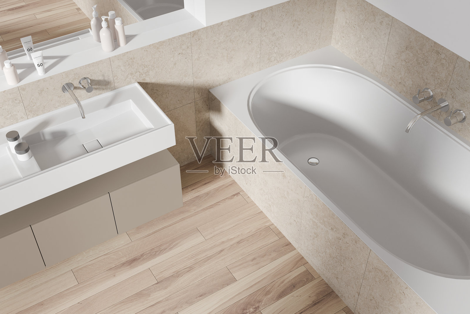 时尚浴室内部的俯视图，配有洗手盆，浴缸和配件照片摄影图片