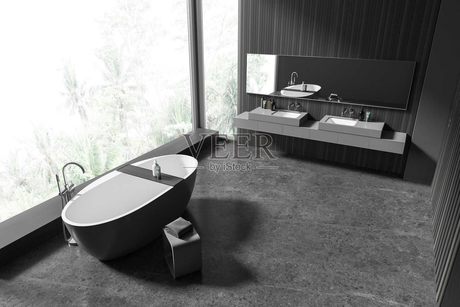 灰色和木制浴室角落，浴缸和双水槽，俯视图照片摄影图片