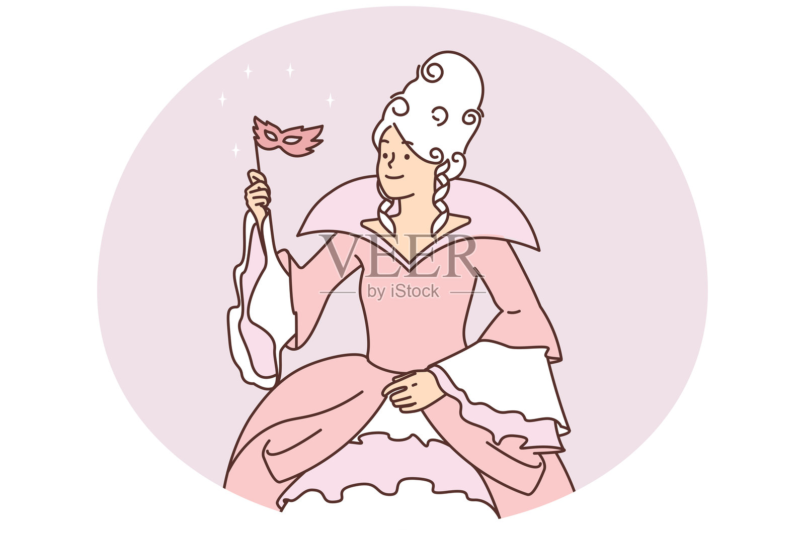 中世纪舞会上穿着蓬松礼服的女人，戴着棍子上的面具，蓬松的发型插画图片素材