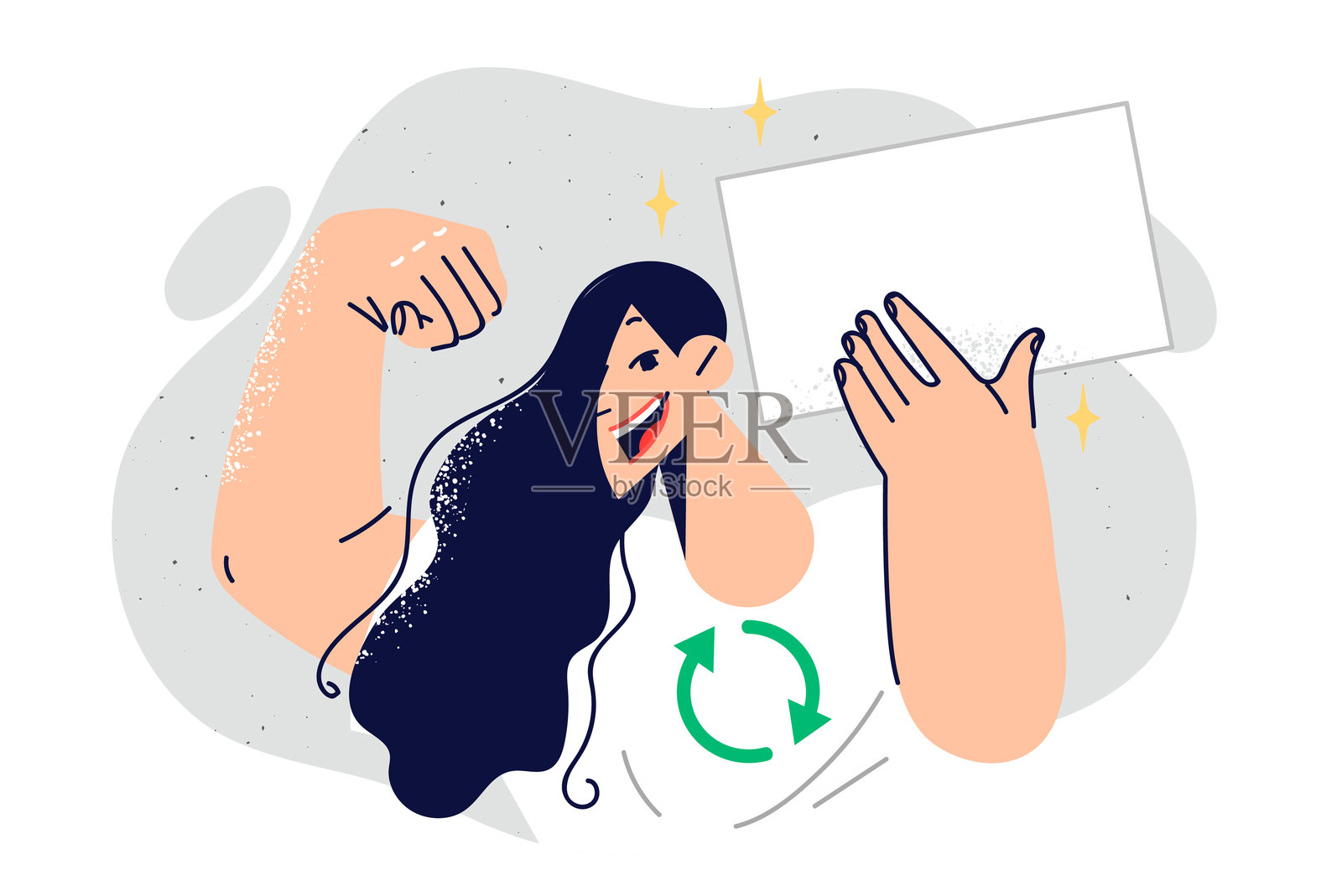 女人为消化系统新陈代谢良好而自豪，展示了力量的手势和空白的标语牌插画图片素材