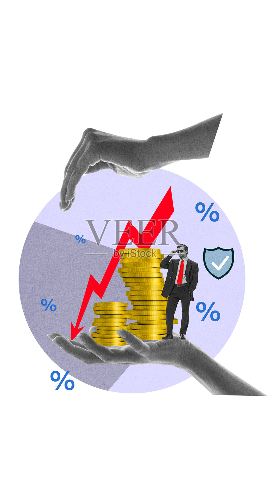 当代艺术拼贴。商人站在一堆硬币旁，双手保护着，象征着财务增长和安全的增长图表。照片摄影图片