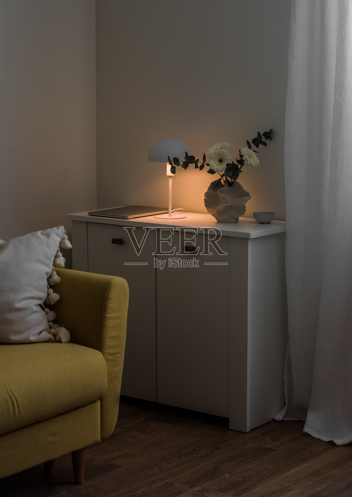 舒适的客厅内部包括一个带花束和台灯的抽屉柜，一个带靠垫的沙发。舒适概念家居。照片摄影图片