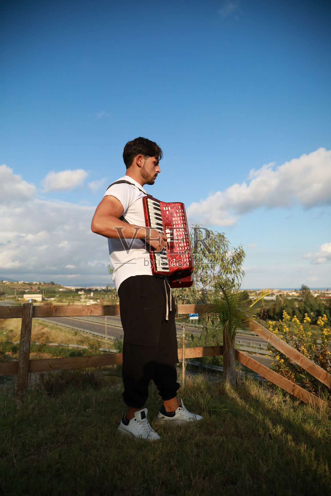 自然怀抱中的充满活力的手风琴演奏者照片摄影图片