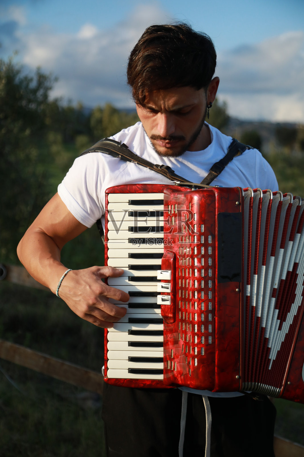 自然怀抱中的充满活力的手风琴演奏者照片摄影图片