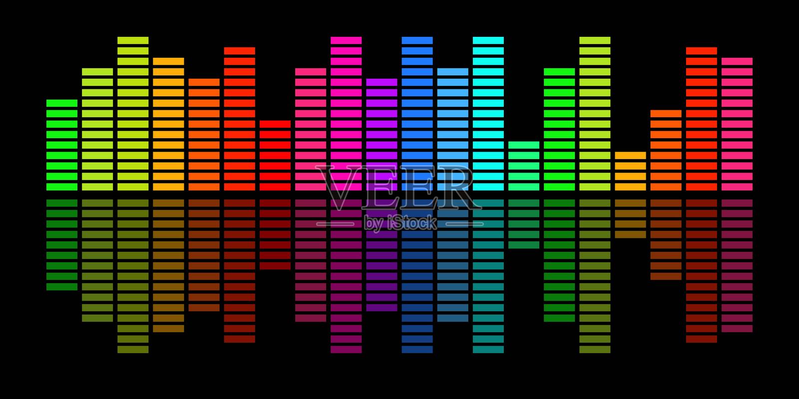 黑色背景上的多彩霓虹均衡器，音频声音。插画图片素材