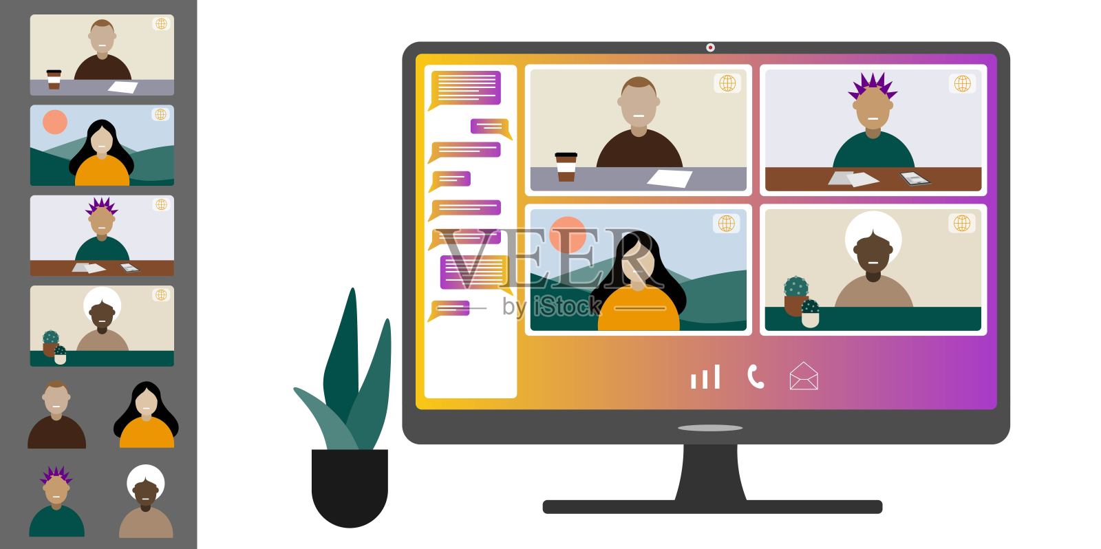 视频会议，居家办公。不同国籍和年龄的同事们在电脑屏幕上互相交谈。插画图片素材