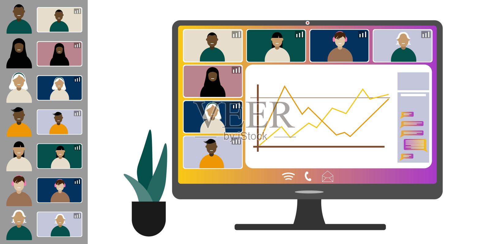 视频会议，居家办公。不同国籍和年龄的同事们在电脑屏幕上互相交谈。插画图片素材