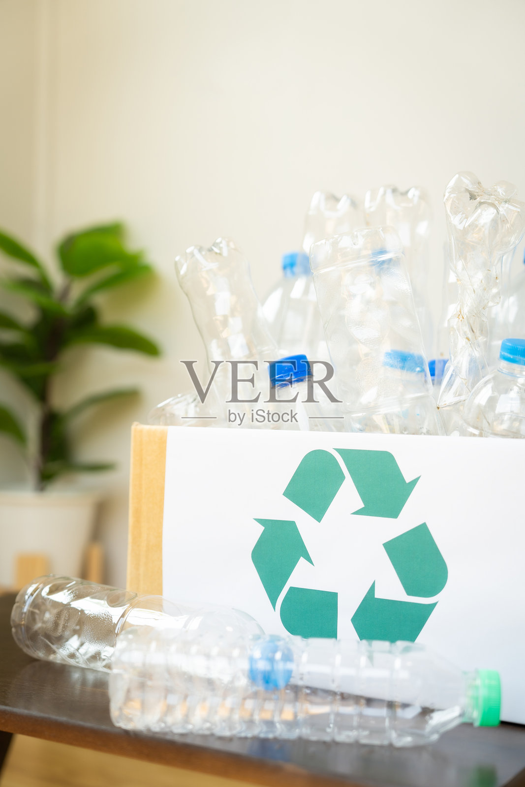 一个带有回收标志的箱子里装满了空塑料瓶。这个图像传达了回收和减少废物的重要性。照片摄影图片