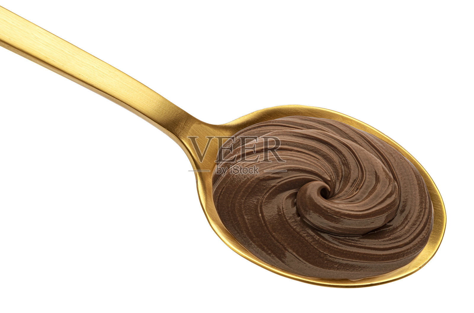 白色背景上金色勺子里的巧克力奶油，俯视图照片摄影图片