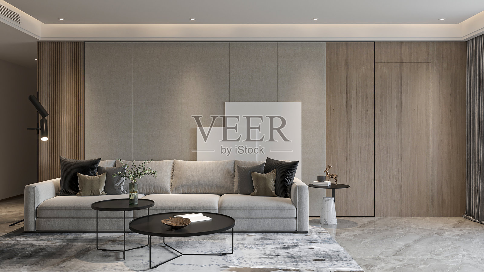 现代客厅室内设计，配有灰色沙发和黑色咖啡桌照片摄影图片