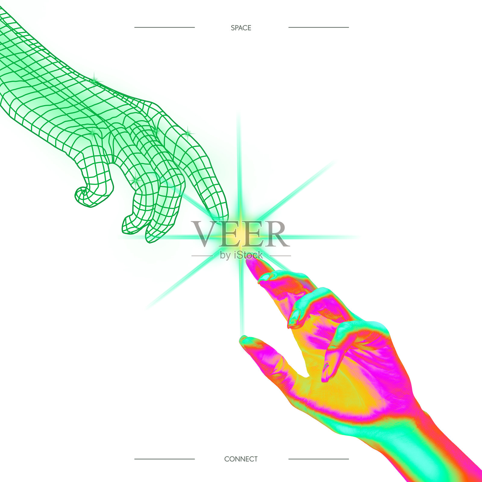 当代艺术拼贴。霓虹色人手与线框手触碰发光点，代表数字连接和元宇宙概念，背景为白色。照片摄影图片