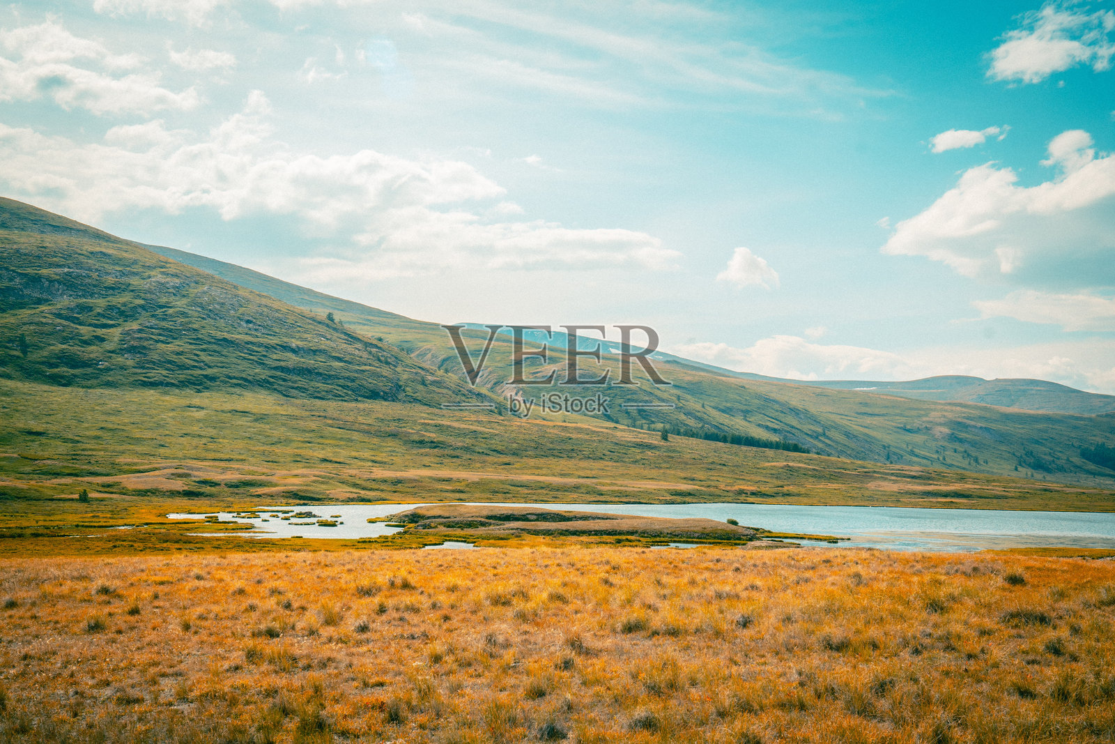 秋季色彩下美丽山谷风景，背景为阿尔泰山脉，北阿尔泰，俄罗斯戈尔尼阿尔泰共和国。照片摄影图片