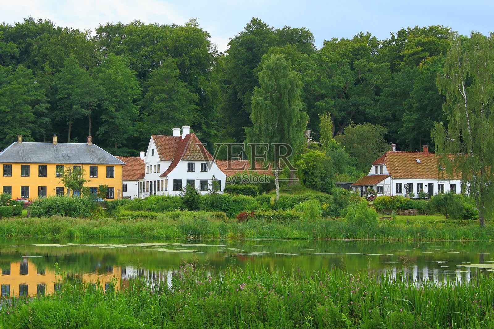 迷人的乡村房屋，红色和黄色的外立面倒映在宁静的池塘中，四周环绕着郁郁葱葱的绿树。一个展示传统建筑和自然之美的宁静乡村环境。照片摄影图片