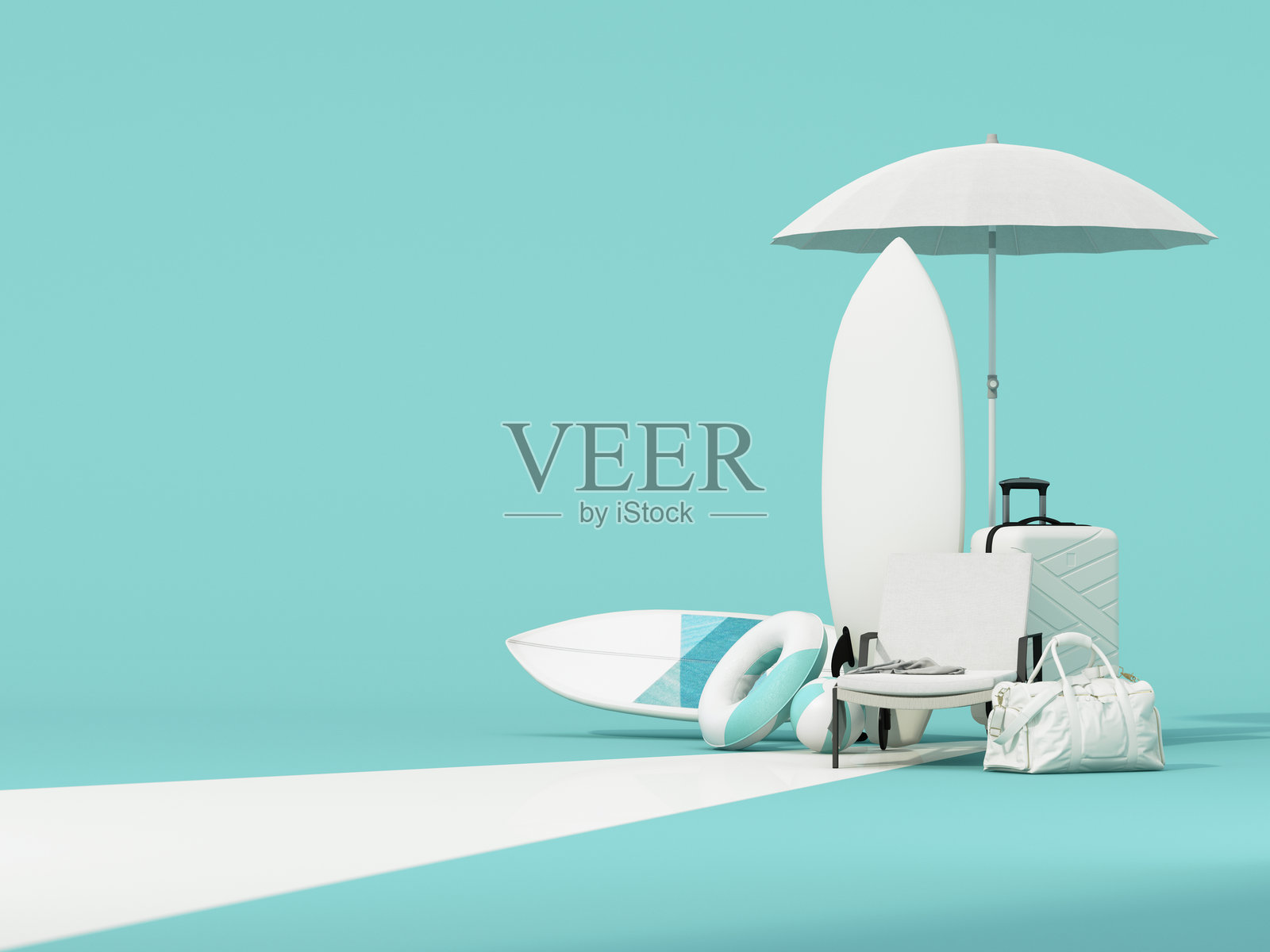 极简主义夏季旅行概念，包含沙滩必需品，如躺椅、伞、冲浪板和旅行包，唤起放松、热带冒险和度假的感觉。3D渲染照片摄影图片