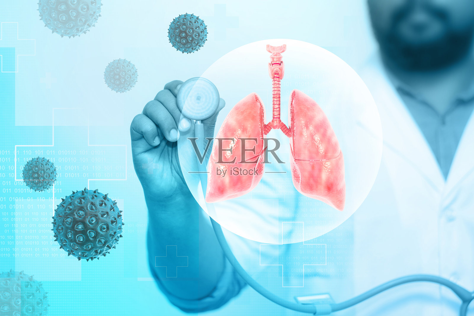 医生在模糊背景下对人体肺系统进行检查和分析。三维演示照片摄影图片