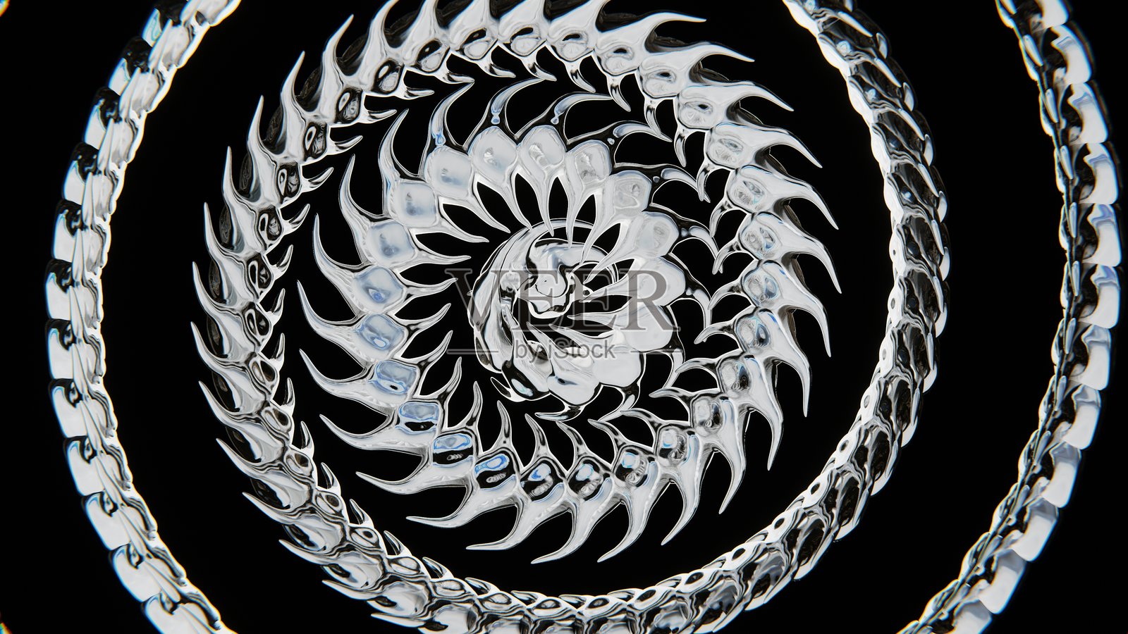 抽象的水平3D漩涡部落脊椎蛇刺状DNA液态银铬金属赛博朋克酷炫时尚奢华背景形状图案连接壁纸照片摄影图片