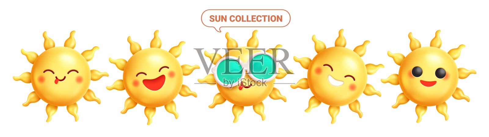 阳光卡通剪贴画套装。带有快乐和愉快表情的黄色太阳脸表情符号剪贴画，夏季系列。插画图片素材