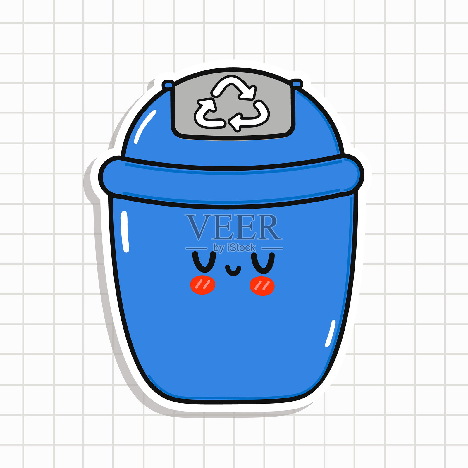 可爱的蓝色回收箱角色贴纸。手绘卡通风格的Kawaii角色插图图标。孤立在格子笔记本背景上。俏皮的蓝色回收箱卡通形象。插画图片素材