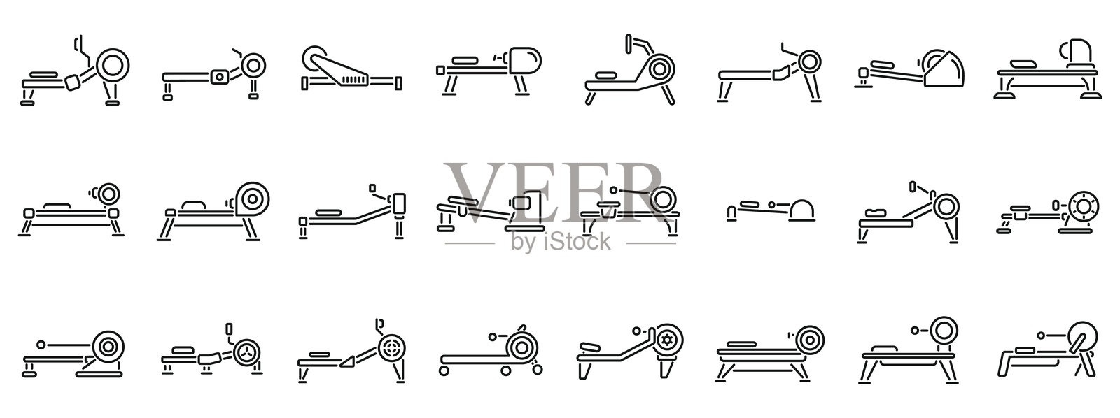 划船机图标集。不同类型的划船机用于锻炼插画图片素材