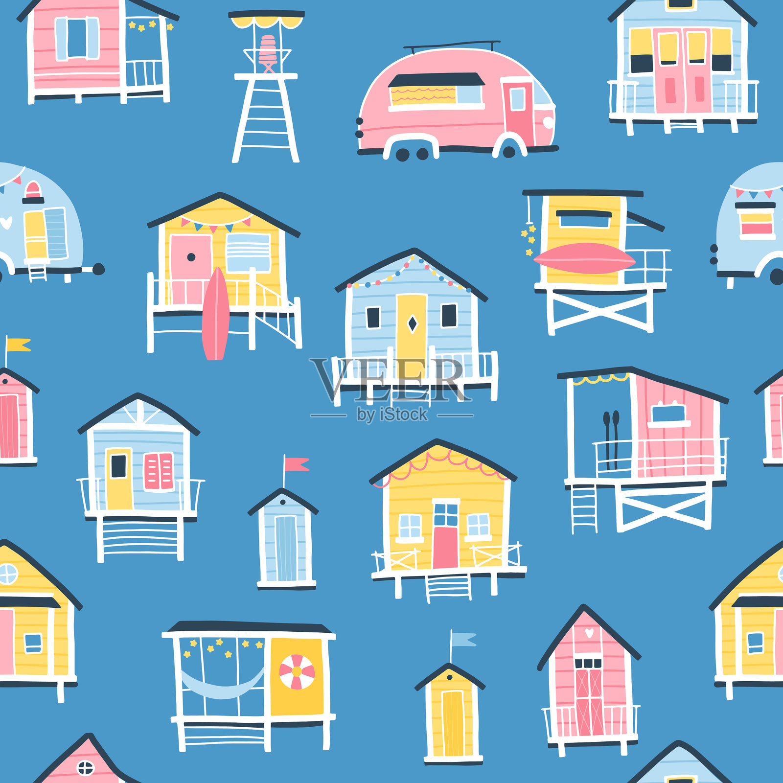 海滩房屋无缝图案。可爱的夏季卡通插图，采用简单的手绘儿童斯堪的纳维亚风格。色彩丰富的粉彩小热带建筑。非常适合印刷。插画图片素材