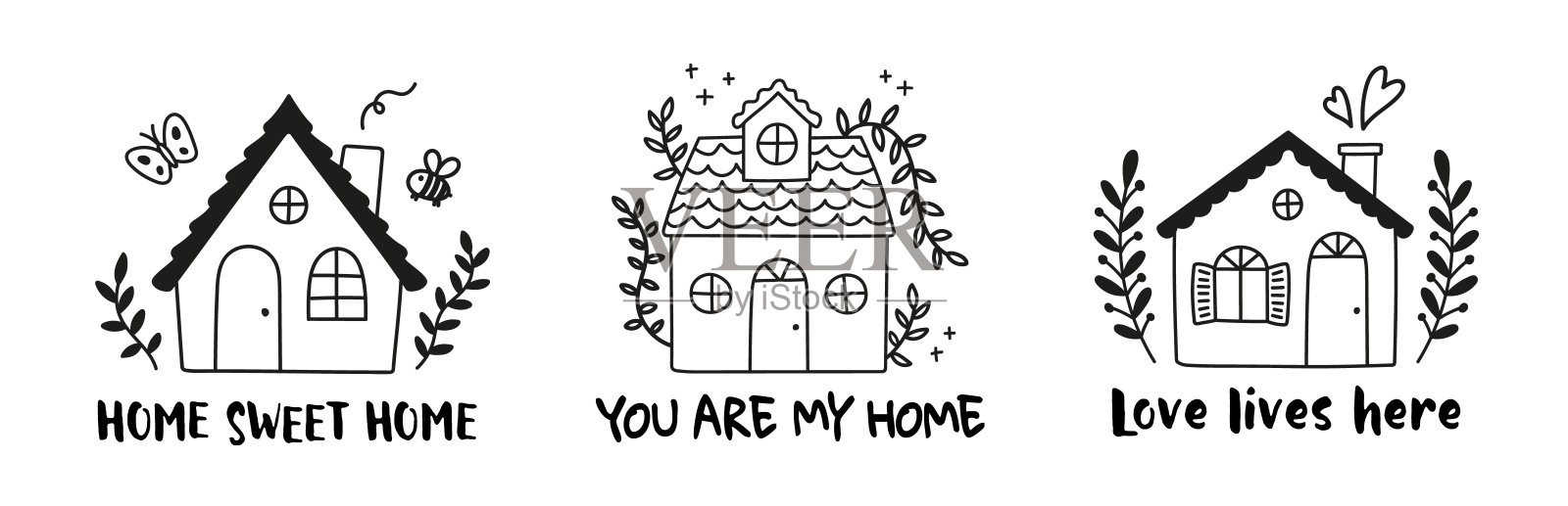 可爱的小房子，配有文字“家，甜蜜的家”，“你是我的家”和“爱在这里”。温馨的卡通涂鸦风格，手绘装饰。矢量插图。插画图片素材