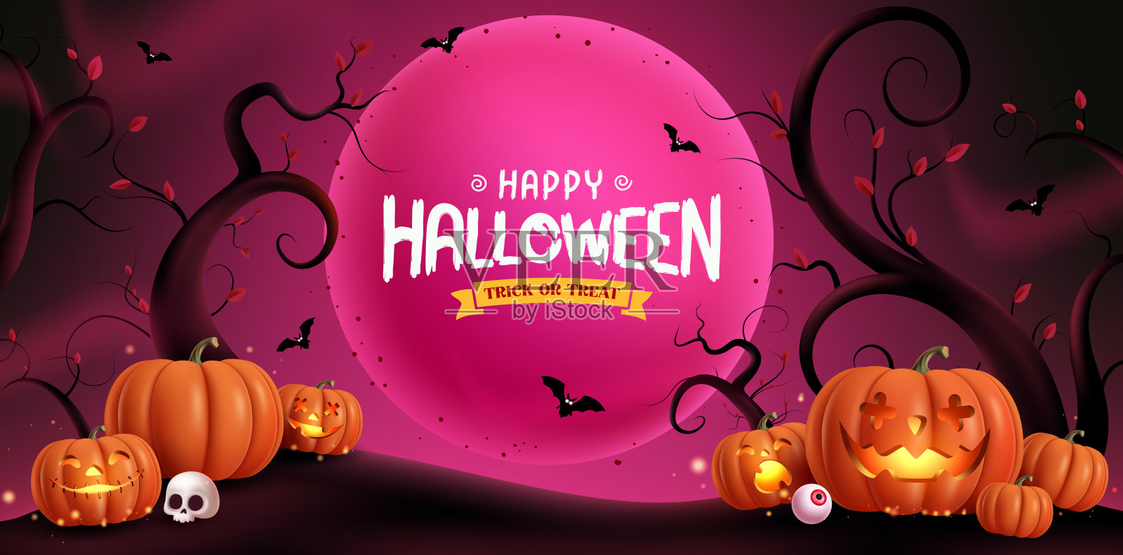 万圣节快乐文字矢量横幅设计。红色满月下的万圣节“不给糖就捣蛋”问候，阴森的墓地场景。插画图片素材