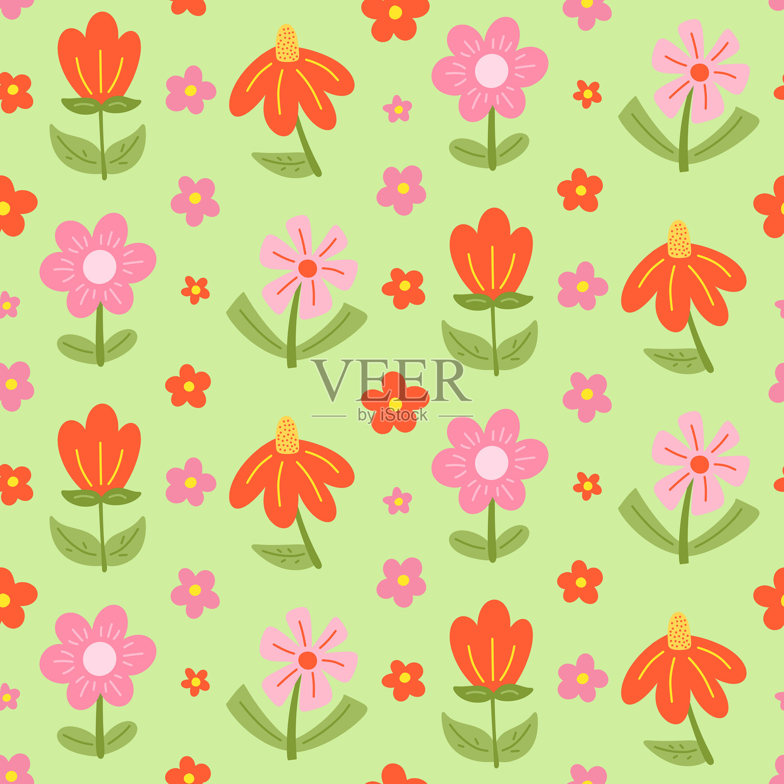 无缝图案背景，简单手绘的平面春季花朵。红色和粉色可爱的花卉印花插画图片素材