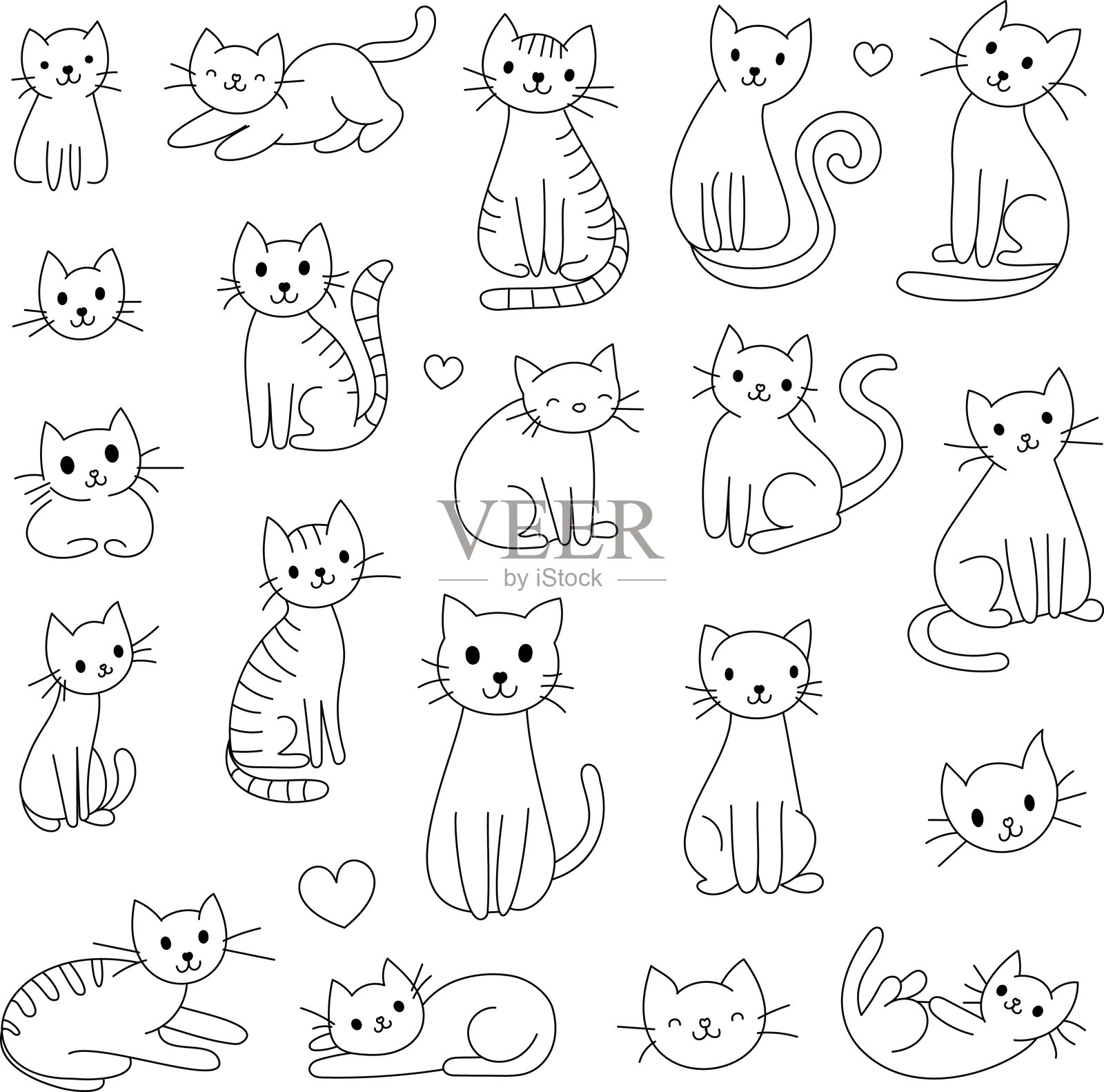 可爱的手绘涂鸦猫咪搞笑小猫合集 - 简单搞笑可爱的涂鸦猫咪，线条轮廓图标集，展示不同姿势和独特解读的矢量插图，背景为白色。插画图片素材