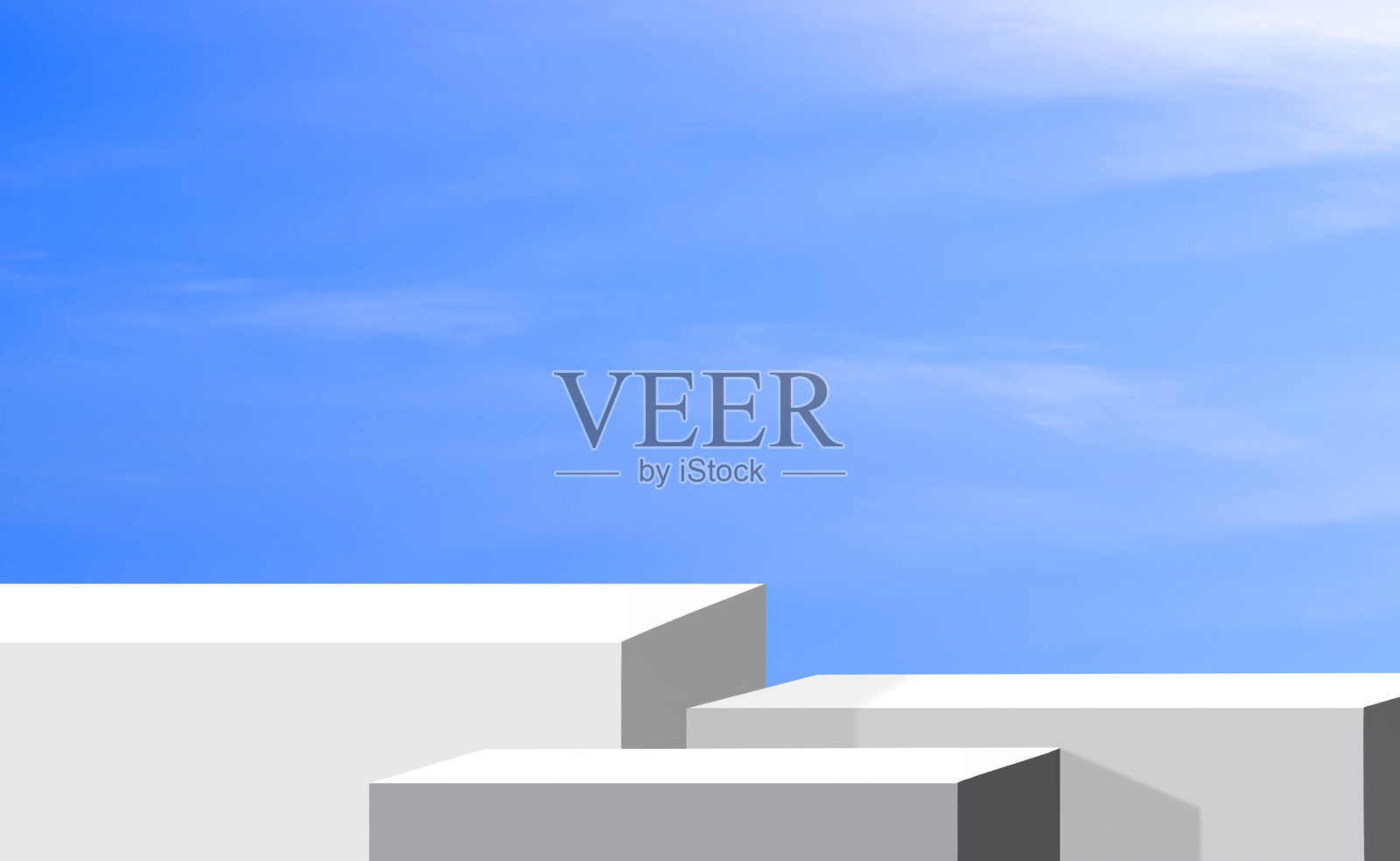 白色讲台在蓝色春天的天空背景下，简约的3D平台舞台背景，适合化妆品展示演示，插图照片摄影图片