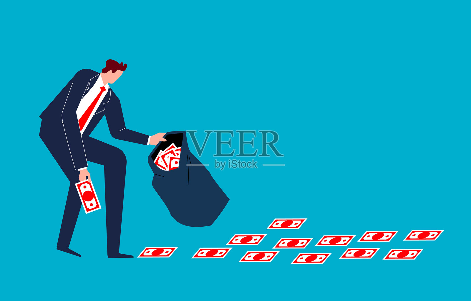 商人用袋子捡起钱币插画图片素材