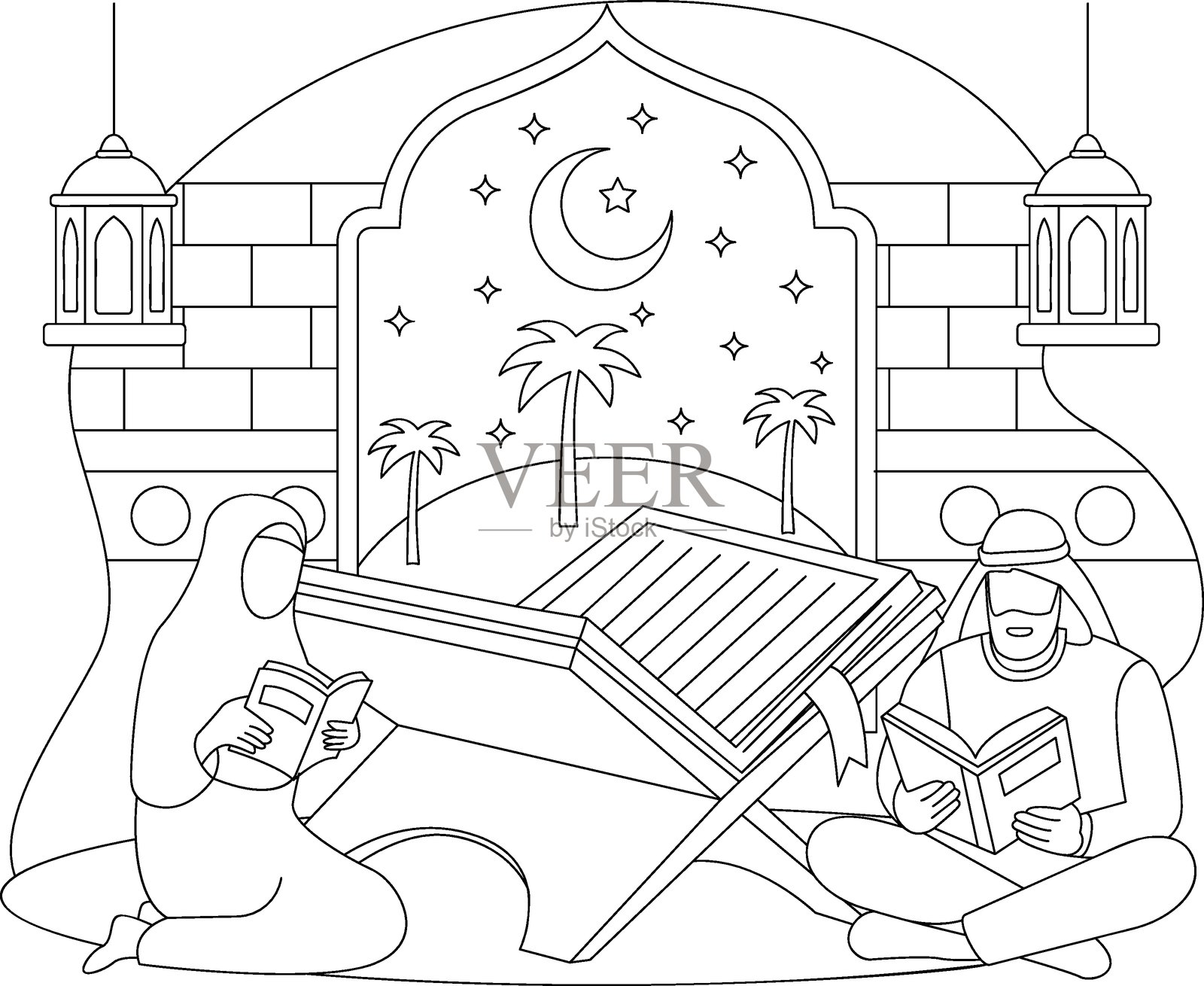 情侣阅读发光的宗教经文矢量图标设计，斋月开斋节轮廓，穆斯林禁食月素描，阿拉伯节日插图，古兰经在特殊的夜晚诵读的概念插画图片素材