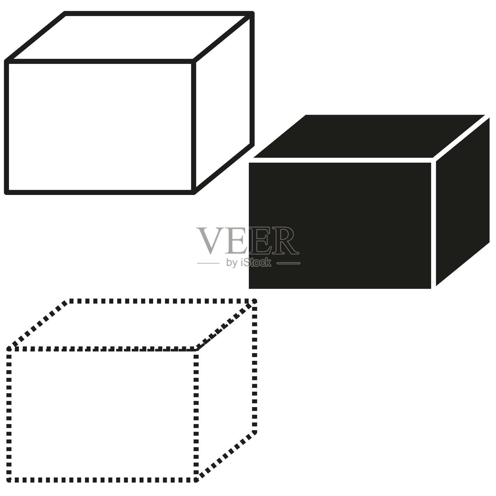三个几何立方体。实心和虚线形状。抽象矢量设计。黑白插图。插画图片素材