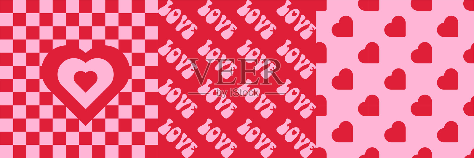 复古风格的双色方形背景情人节图案集合。贺卡和封面模板，带有几何图案。矢量简单平面插图。插画图片素材