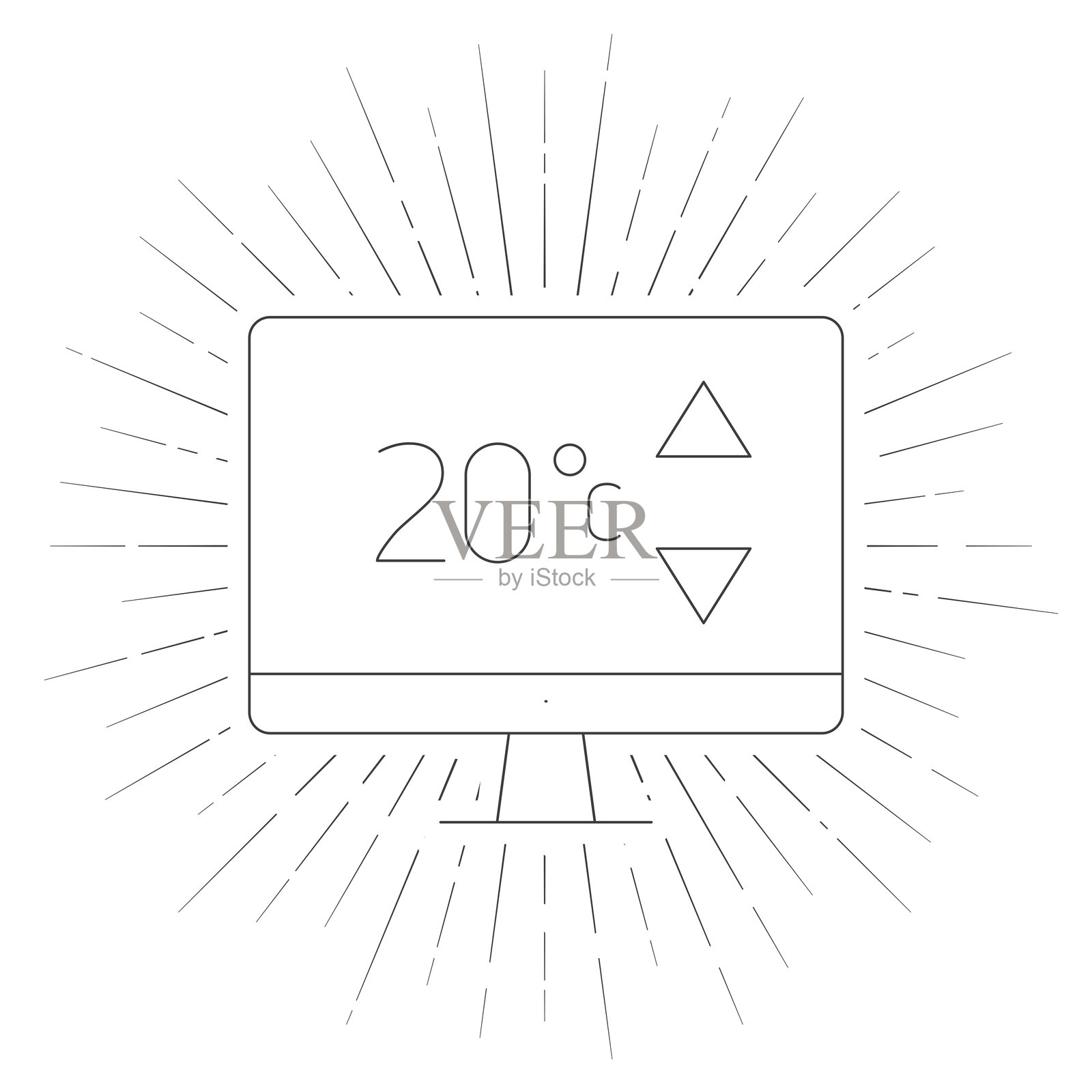 带有加热控制的台式电脑。白色背景上的线条图标，周围有阳光辐射。插画图片素材