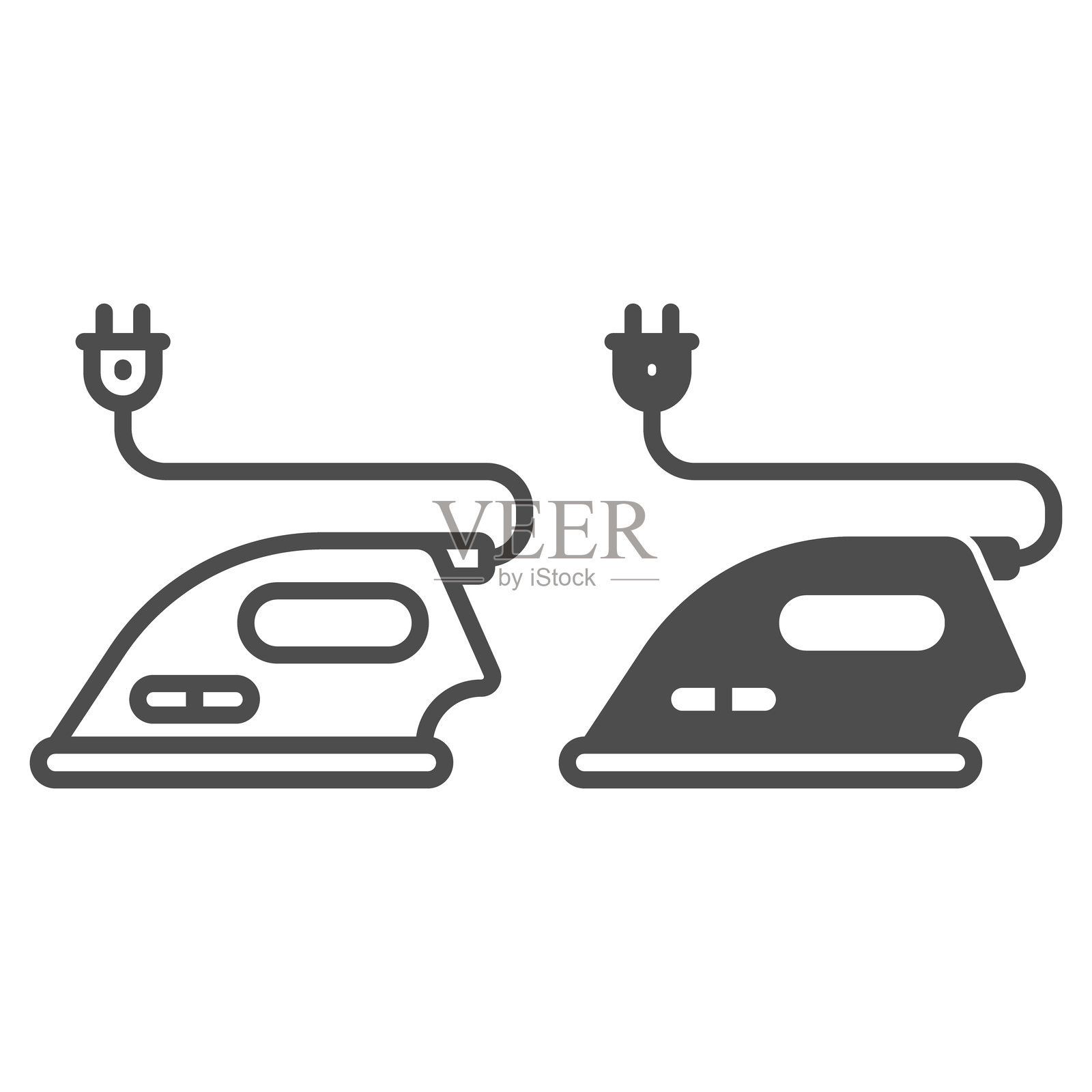 电熨斗带电线和插头线，干洗服务概念。矢量图形。白色背景上的干洗、护理标志，适用于移动或网页设计的轮廓风格图标。插画图片素材