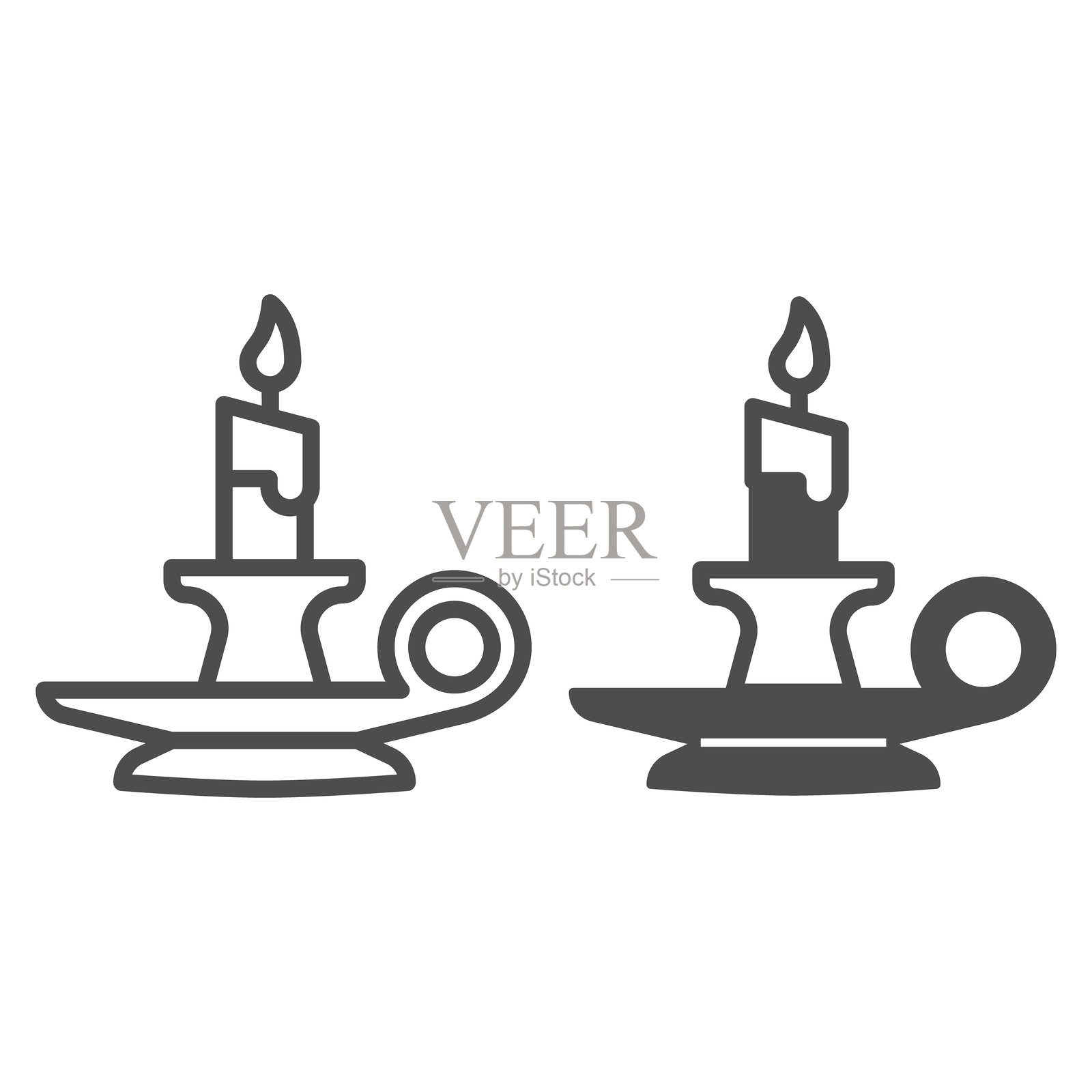 燃烧的蜡烛线条和实心图标，万圣节概念。白色背景上的蜡烛托盘标志，适用于移动或网页设计的轮廓风格图标。插画图片素材
