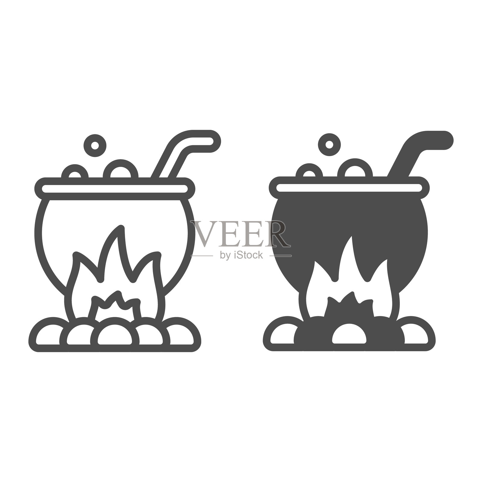 万圣节概念的毒药锅线条和实心图标。白色背景上的火焰中煮着药水的锅，适用于移动或网页设计的轮廓风格图标。插画图片素材