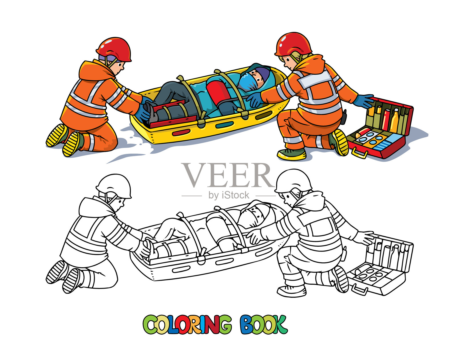 救生员在救援雪橇上提供急救插画图片素材