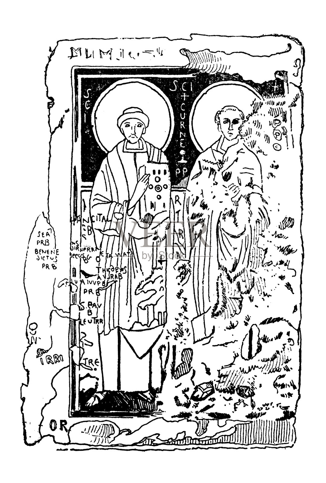 早期基督教涂鸦壁画，圣卡利克斯墓穴，罗马插画图片素材