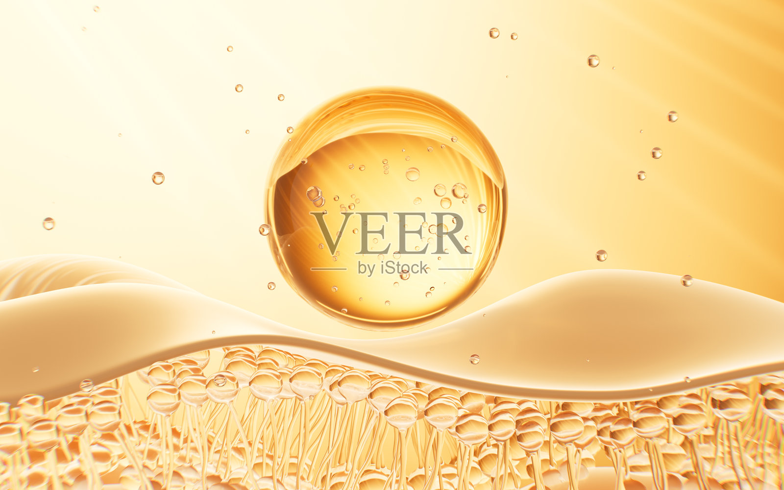 金色玻璃球或细胞在金色肌肤上，护肤品概念，化妆品背景，3D渲染。照片摄影图片