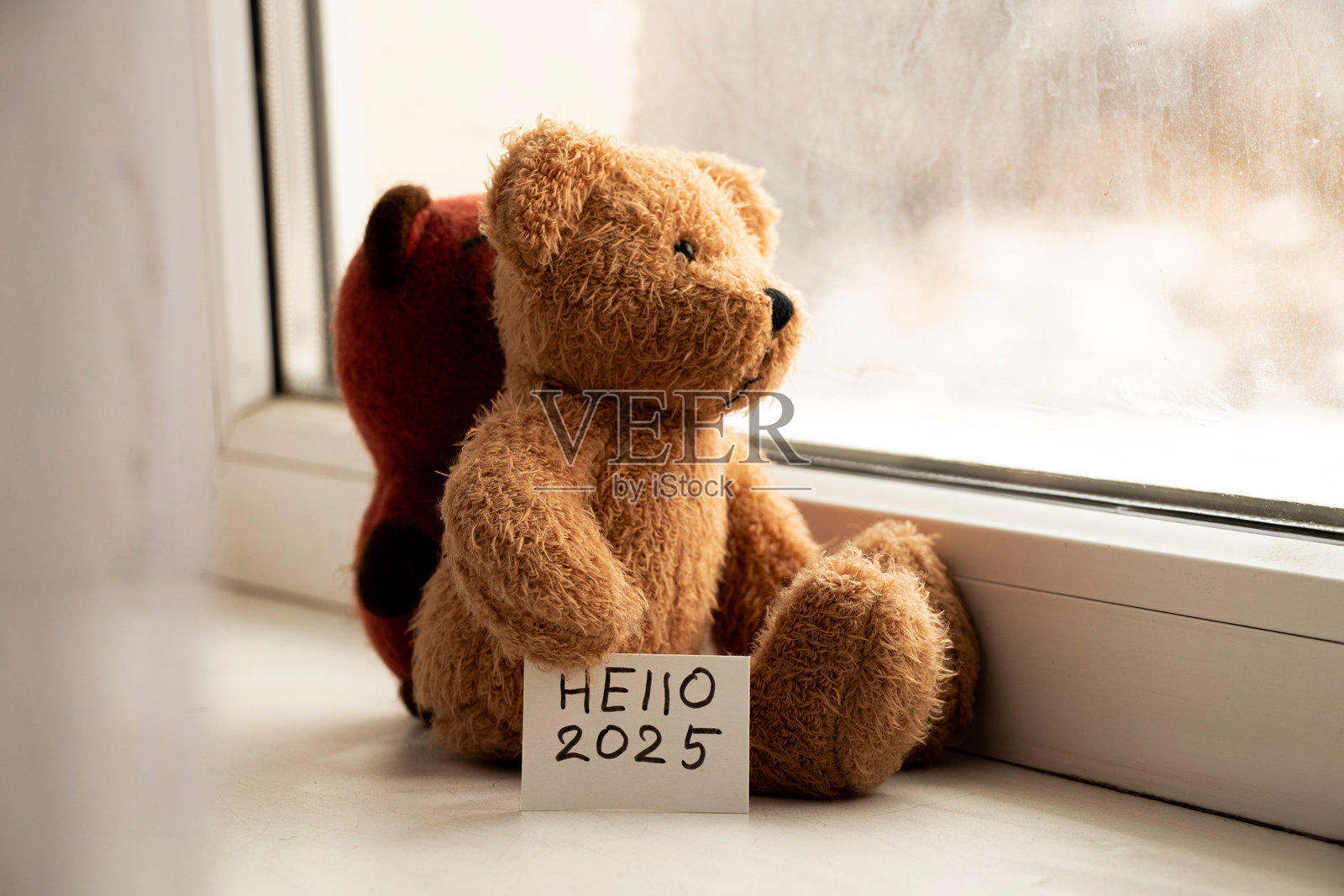 孩子们的泰迪熊手里拿着写有“你好2025”的纸卡，坐在家里的窗台上，向外问好。照片摄影图片