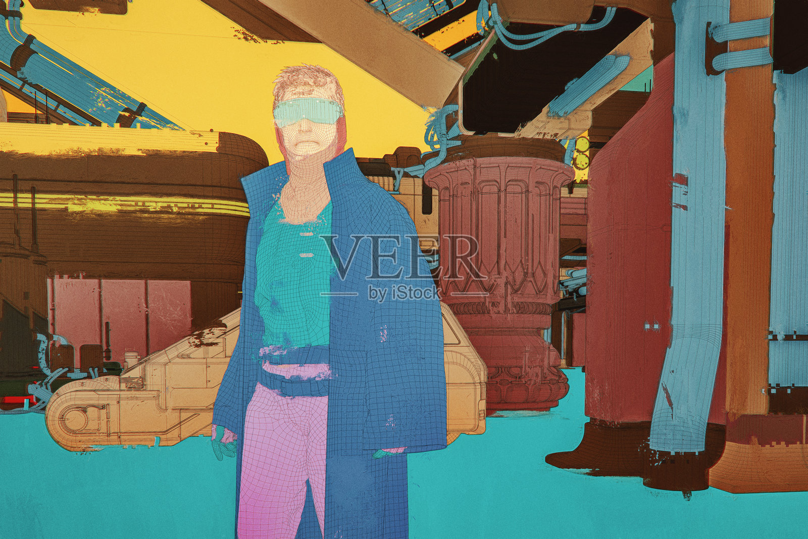 赛博朋克雇佣兵在未来城市中行走照片摄影图片