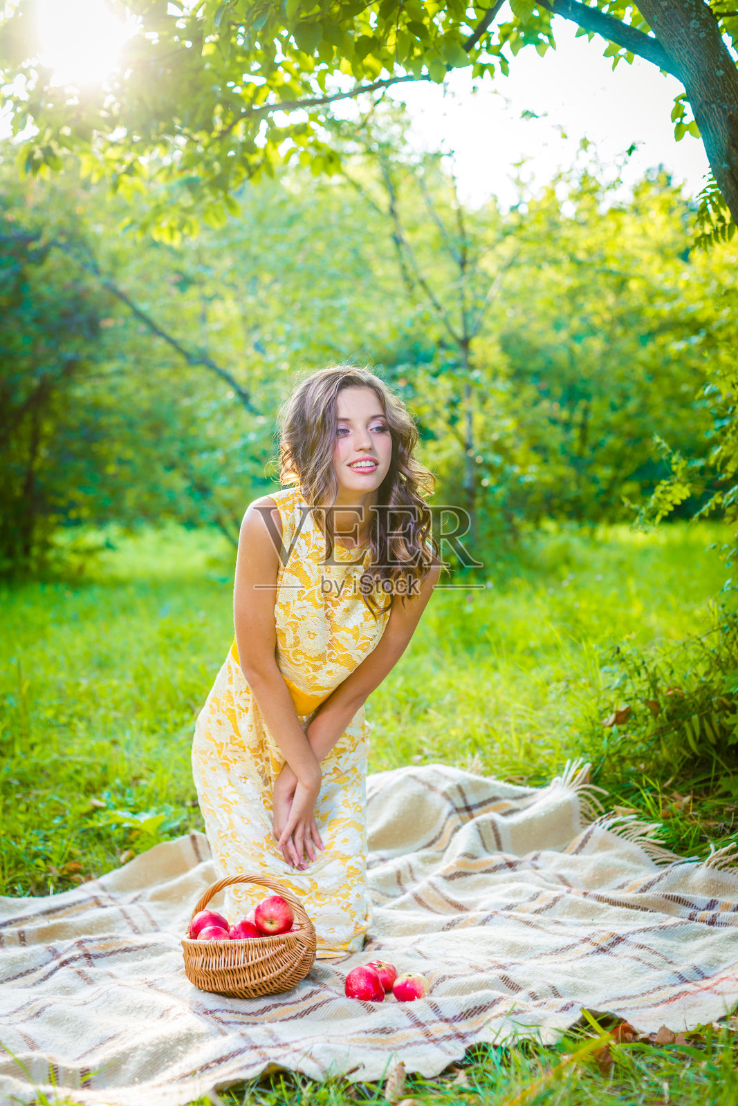 美丽的俄罗斯女性在公园的野餐中微笑照片摄影图片