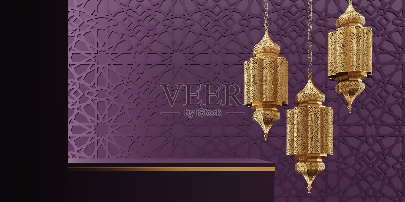 金色阿拉伯灯笼放置在装饰性讲台上，背景是复杂的几何图案 - 3D渲染。照片摄影图片