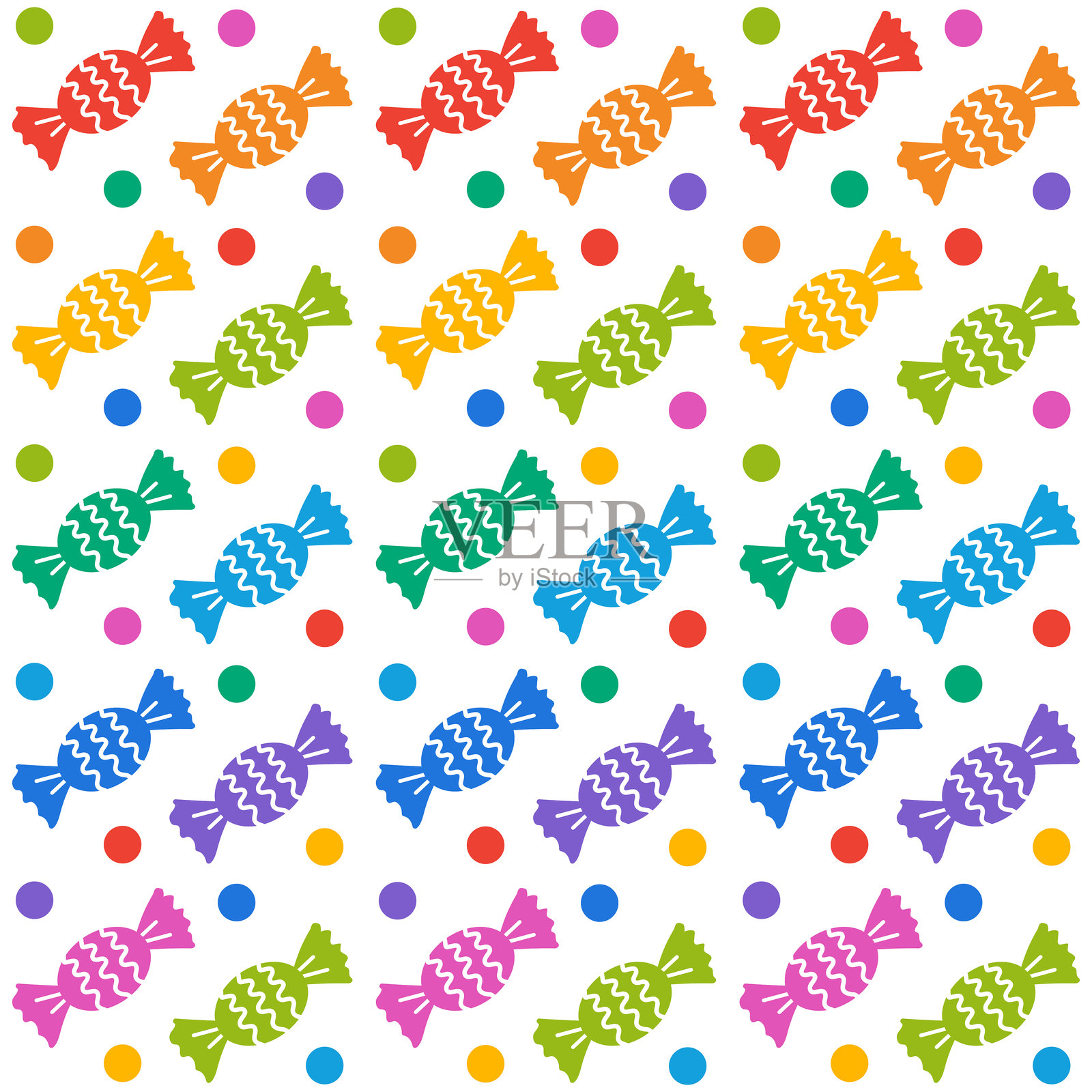 彩色糖果无缝图案，甜点和五彩纸屑的明亮背景，适用于面料、礼品包装纸、餐垫、家居装饰、桌布或床上用品、罩子，矢量插图插画图片素材