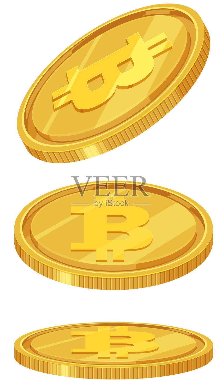 三枚描绘有比特币符号的金币插画图片素材
