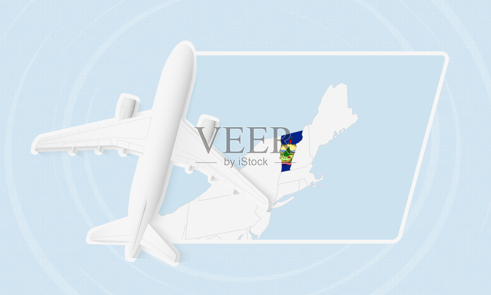 佛蒙特州旅行插图，包含飞机和国旗。飞机飞越佛蒙特州地图。插画图片素材