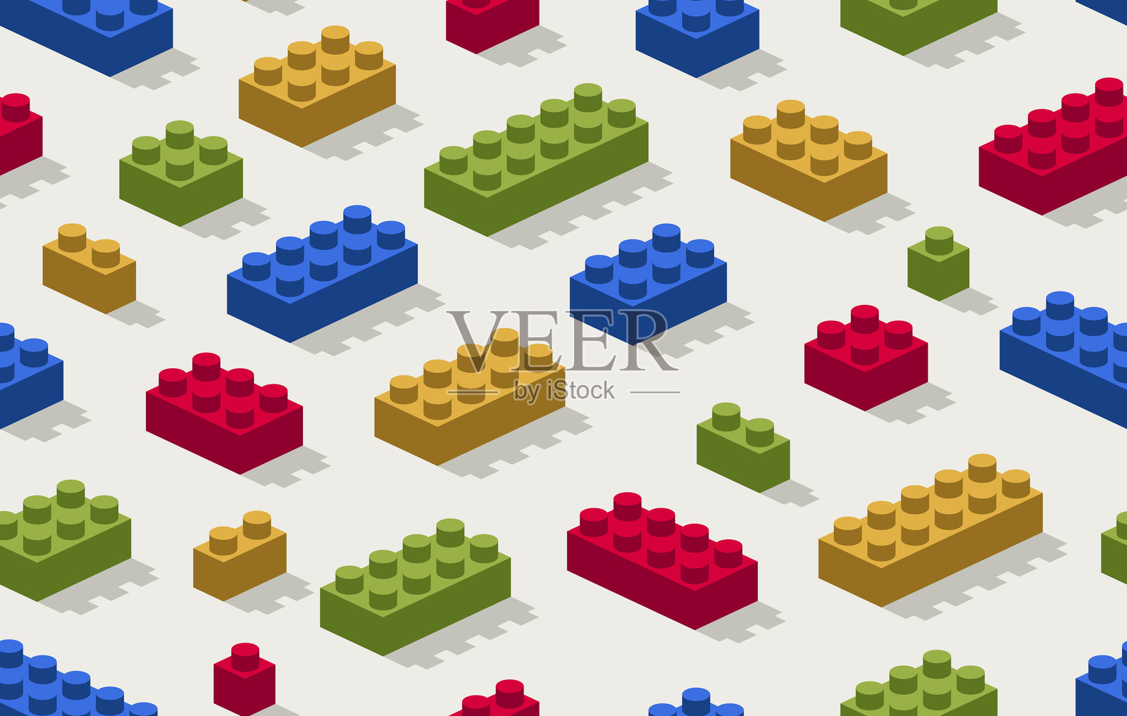 玩具构造无缝图案，等距向量玩具砖块铺设壁纸，儿童游戏建筑复古彩色积木无尽图案。插画图片素材