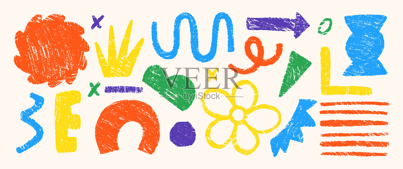 手绘铅笔涂鸦，涂鸦线条，皇冠，角落和网格。抽象的有趣形状和带有蜡笔或粉笔质感的箭头。多彩的儿童插图。插画图片素材